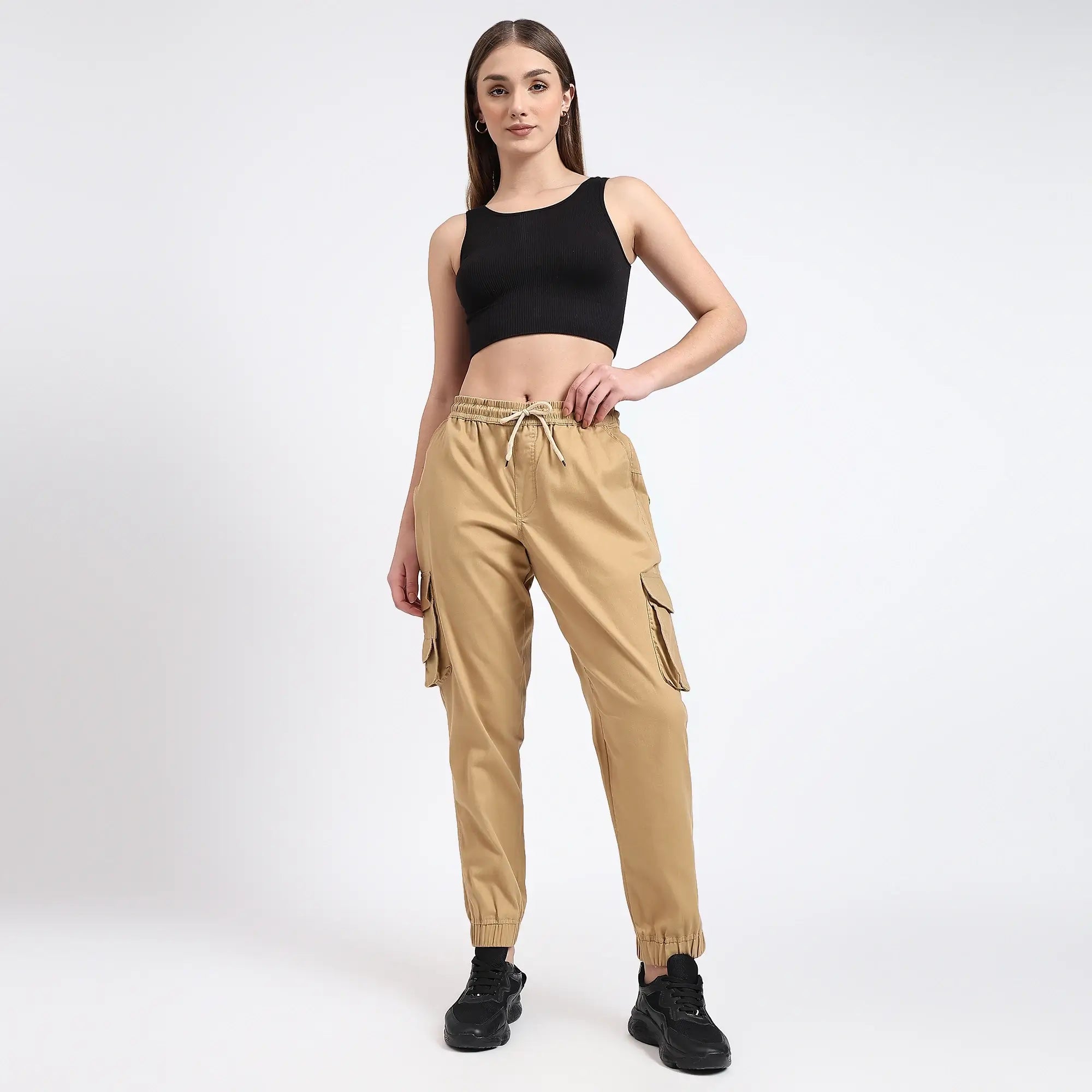 Women's Cotton Cargo Joggers Pocket Casual Pants Khakhi