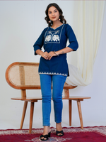 Navy Blue Elephant Embroidered Short Kurti