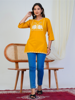 Mustard Yellow Elephant Embroidered Short Kurti