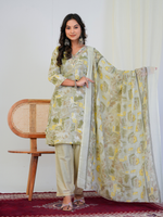 Light Green Abstract Print with Handwork 3-Piece Suit Set