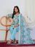 Aqua Blue Abstract Print with Handwork 3-Piece Suit Set