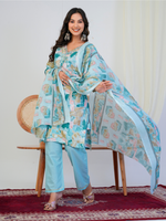 Aqua Blue Abstract Print with Handwork 3-Piece Suit Set