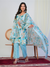 Aqua Blue Abstract Print with Handwork 3-Piece Suit Set