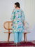 Aqua Blue Abstract Print with Handwork 3-Piece Suit Set