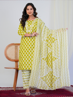 Lime Green Block Print 3-Piece Suit Set