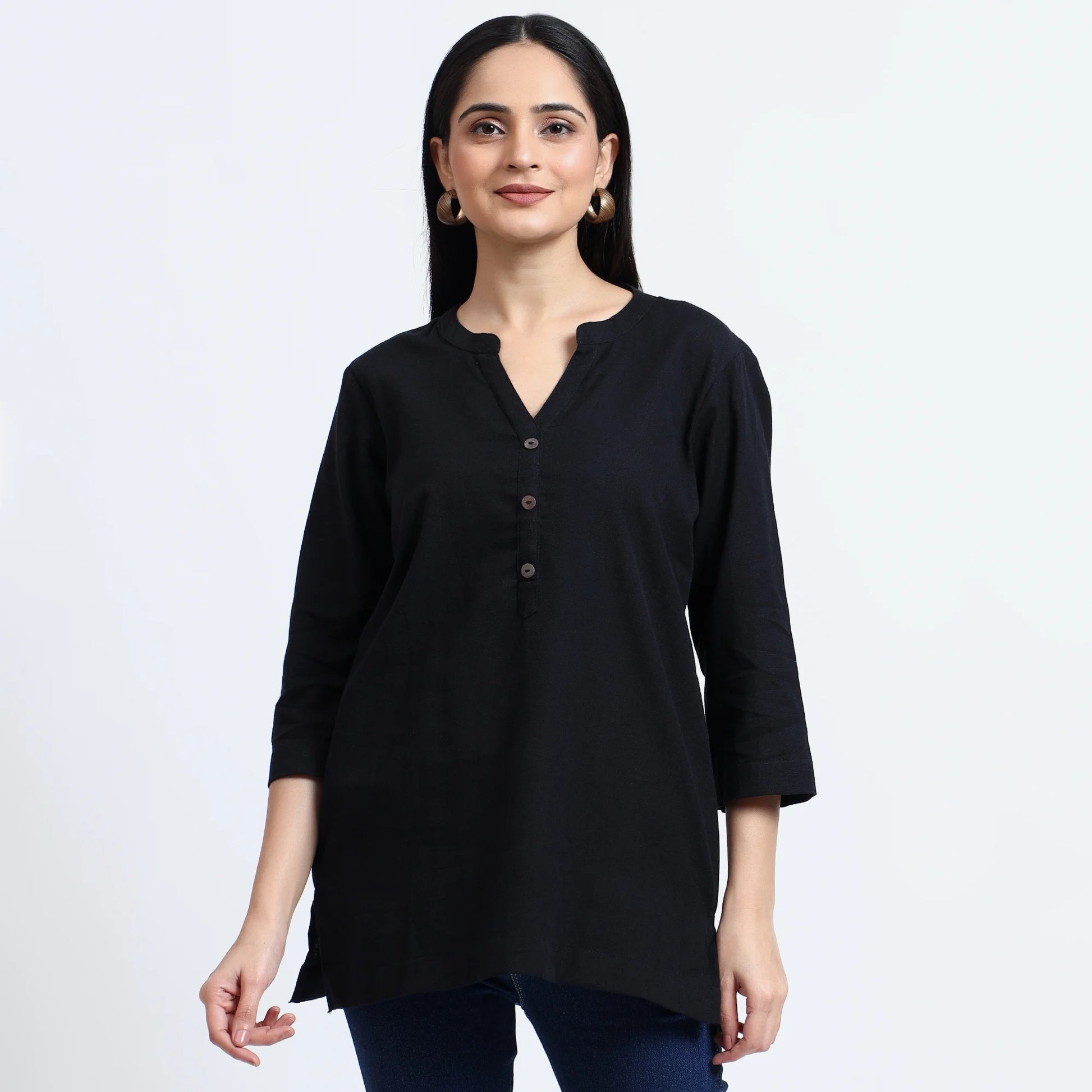 Black airy linen short kurta for women, featuring a stylish design and comfortable fit