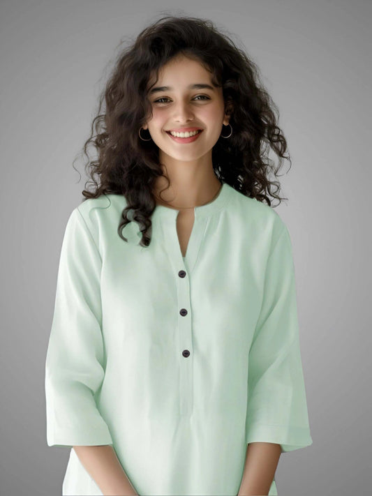 mint green airy linen short kurta for women, featuring a stylish design and comfortable fit