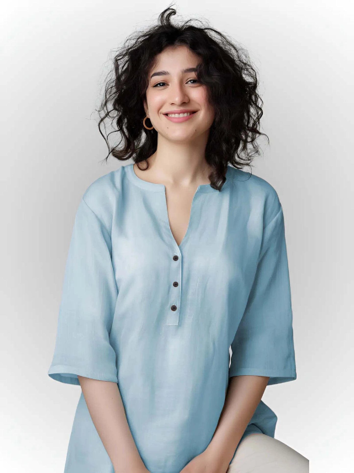 sky blue airy linen short kurta for women, featuring a stylish design and comfortable fit