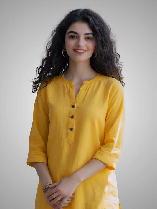 yellow airy linen short kurta for women, featuring a stylish design and comfortable fit