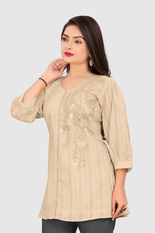 EMBROIDERED CHIKANKARI KURTA (BEIGE)