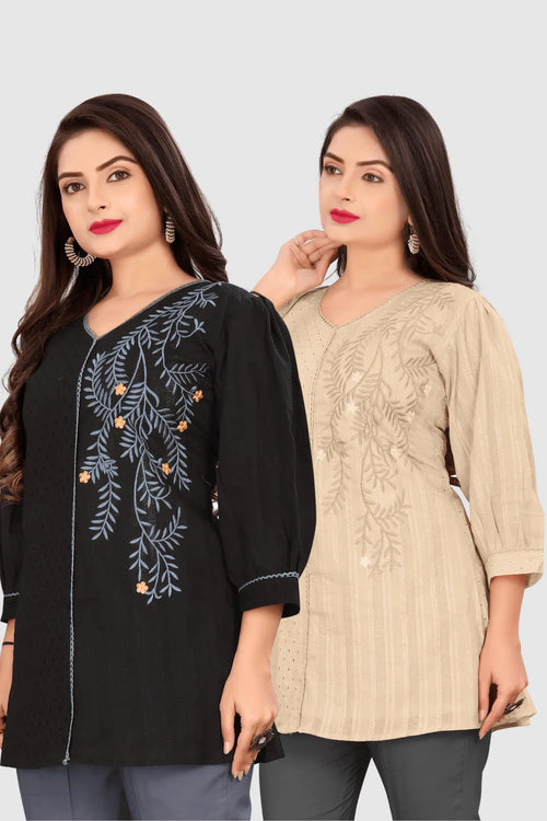 SET OF 2 EMBROIDERED CHIKANKARI KURTA (BLACK/BEIGE)