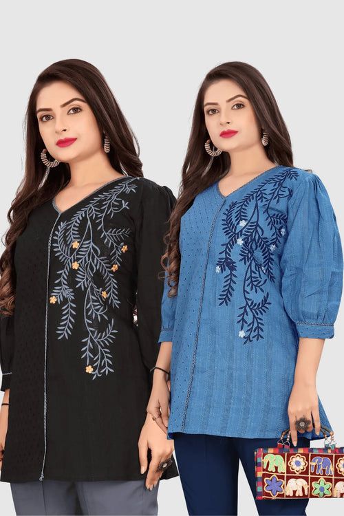 SET OF 2 EMBROIDERED CHIKANKARI KURTA (BLACK/BLUE)