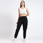 Women's Cotton Cargo Joggers | 6 Pocket Casual Pants Black