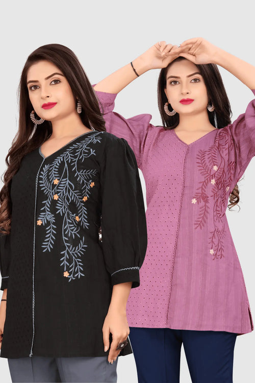 SET OF 2 EMBROIDERED CHIKANKARI KURTA (BLACK/PURPLE)