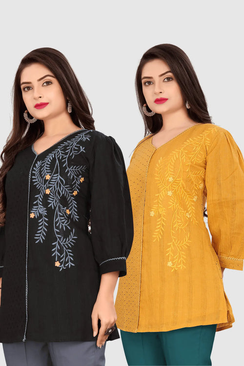 SET OF 2 EMBROIDERED CHIKANKARI KURTA (BLACK/YELLOW)