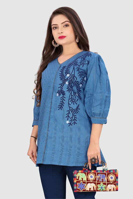 EMBROIDERED CHIKANKARI KURTA (BLUE)