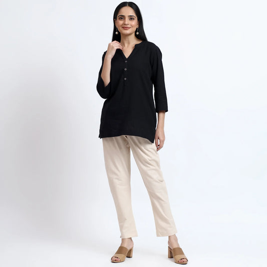 Airy Linen Kurta Black & Cotton Pants Beige Pair for Everyday Wear