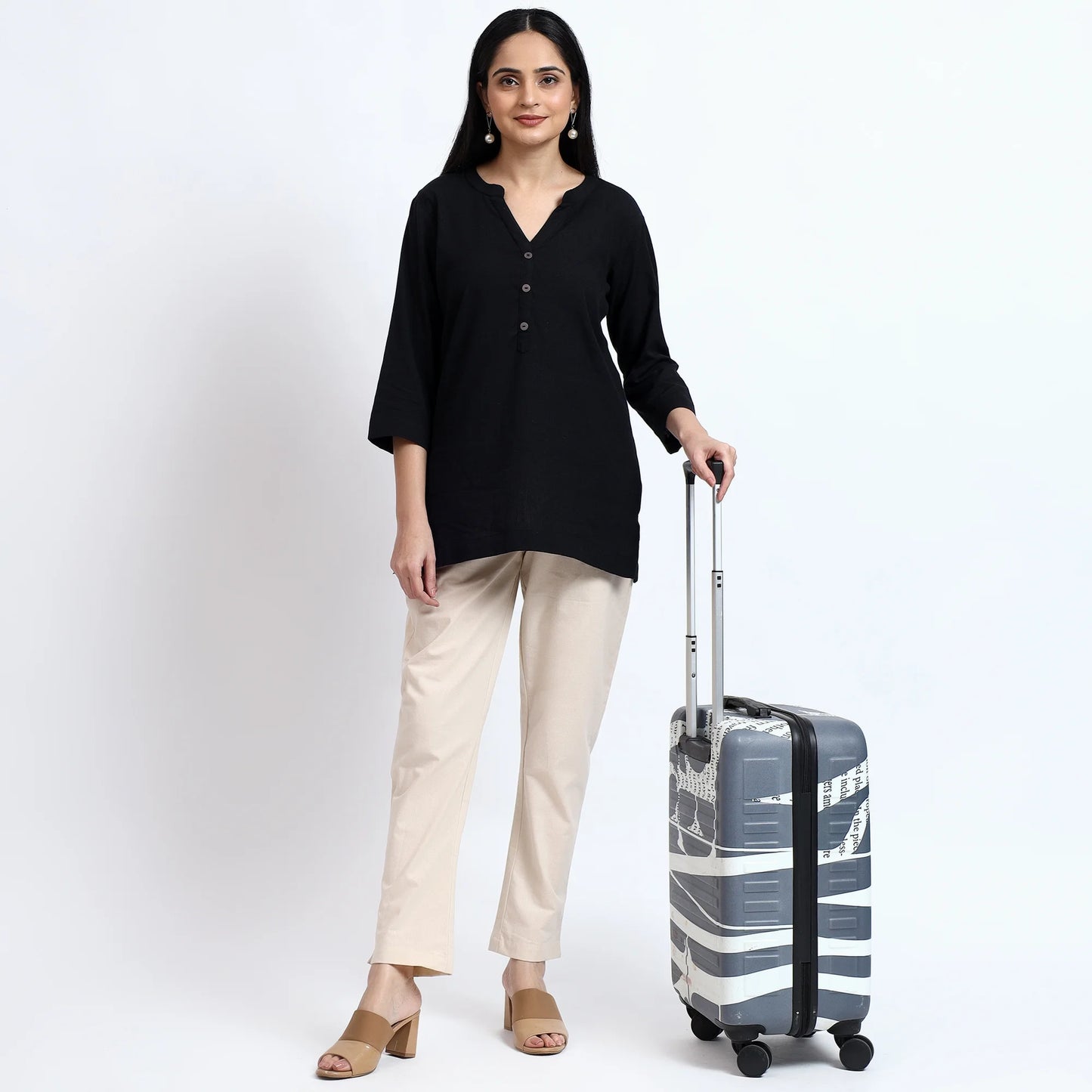 Airy Linen Kurta Black & Cotton Pants Beige Pair for Everyday Wear