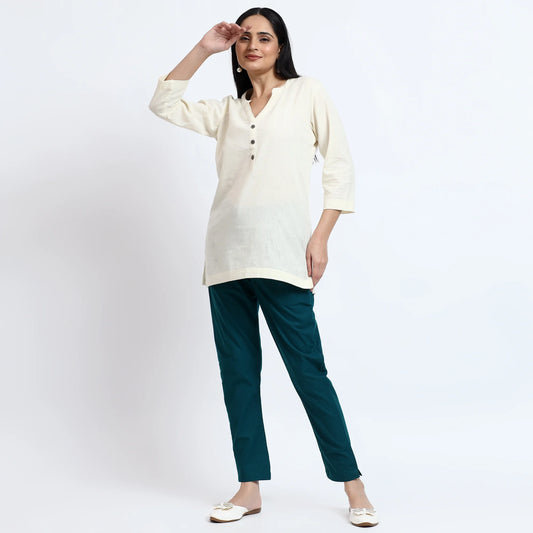 Airy Linen Kurta Ecru & Cotton Pants Bottle Green Pair for Everyday Wear