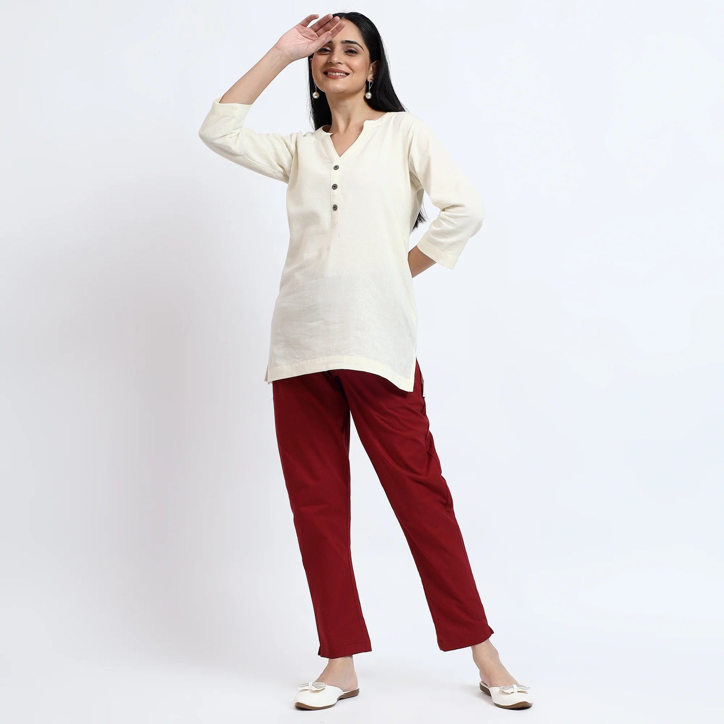 Airy Linen Kurta Ecru & Cotton Pants Wine Pair for Everyday Wear