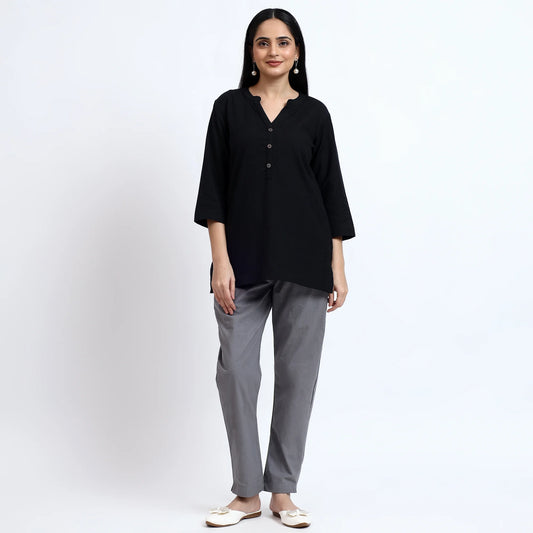 Airy Linen Kurta Black & Cotton Pants Grey Pair for Everyday Wear