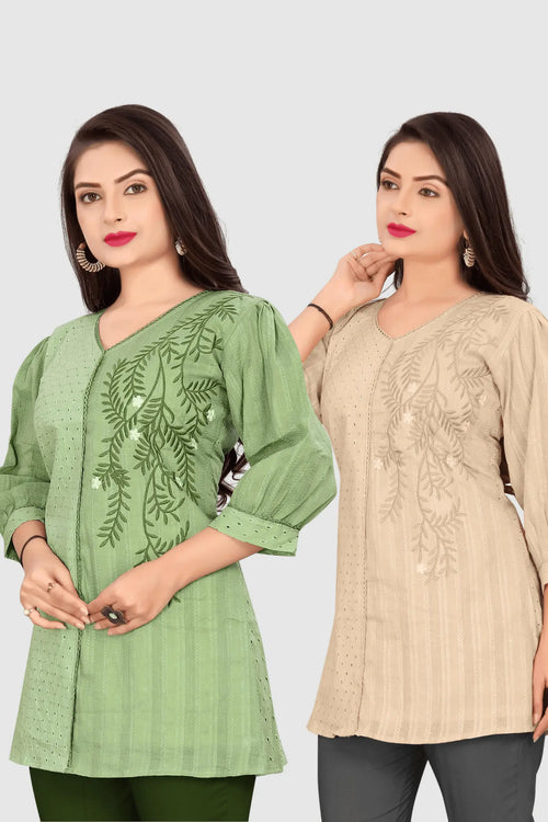 SET OF 2 EMBROIDERED CHIKANKARI KURTA (GREEN/BEIGE)