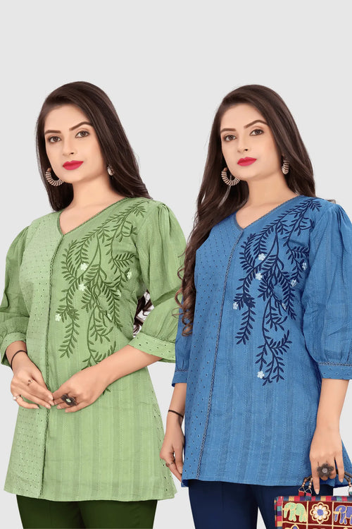 SET OF 2 EMBROIDERED CHIKANKARI KURTA (GREEN/BLUE)