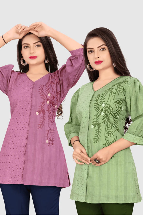 SET OF 2 EMBROIDERED CHIKANKARI KURTA (GREEN/PURPLE)