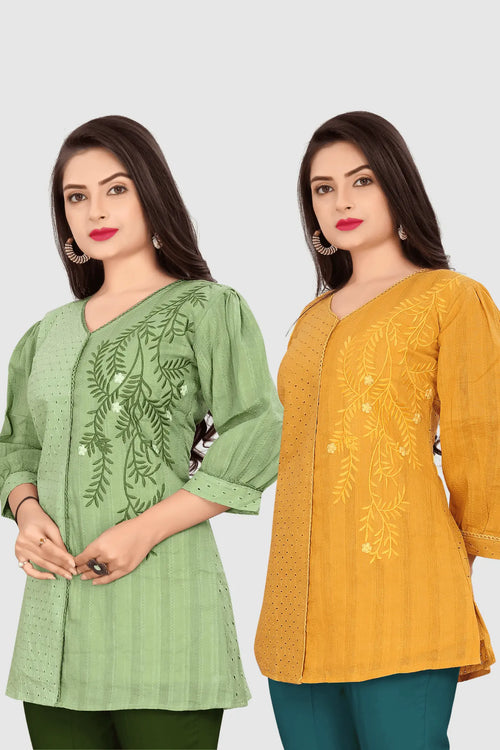 SET OF 2 EMBROIDERED CHIKANKARI KURTA (GREEN/YELLOW)