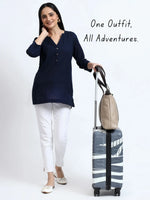 Airy Linen Kurta Navy Blue & Cotton Pants White Pair for Everyday Wear