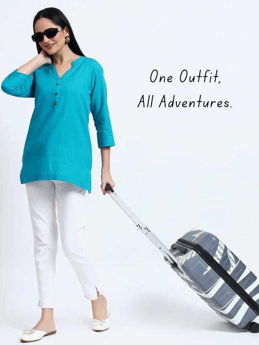 Airy Linen Kurta Turquoise & Cotton Pants White Pair for Everyday Wear
