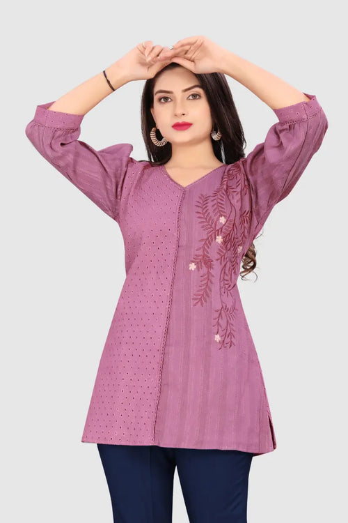 EMBROIDERED CHIKANKARI KURTA (PURPLE)