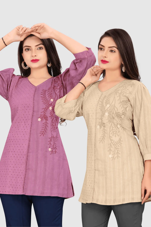 SET OF 2 EMBROIDERED CHIKANKARI KURTA (PURPLE/BEIGE)