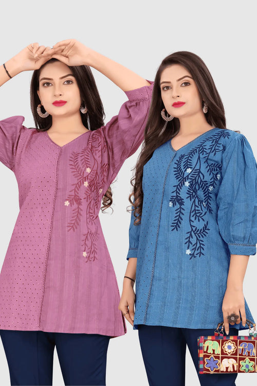 SET OF 2 EMBROIDERED CHIKANKARI KURTA (PURPLE/BLUE)