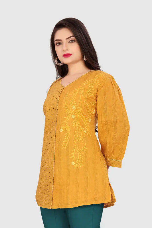 EMBROIDERED CHIKANKARI KURTA (YELLOW)